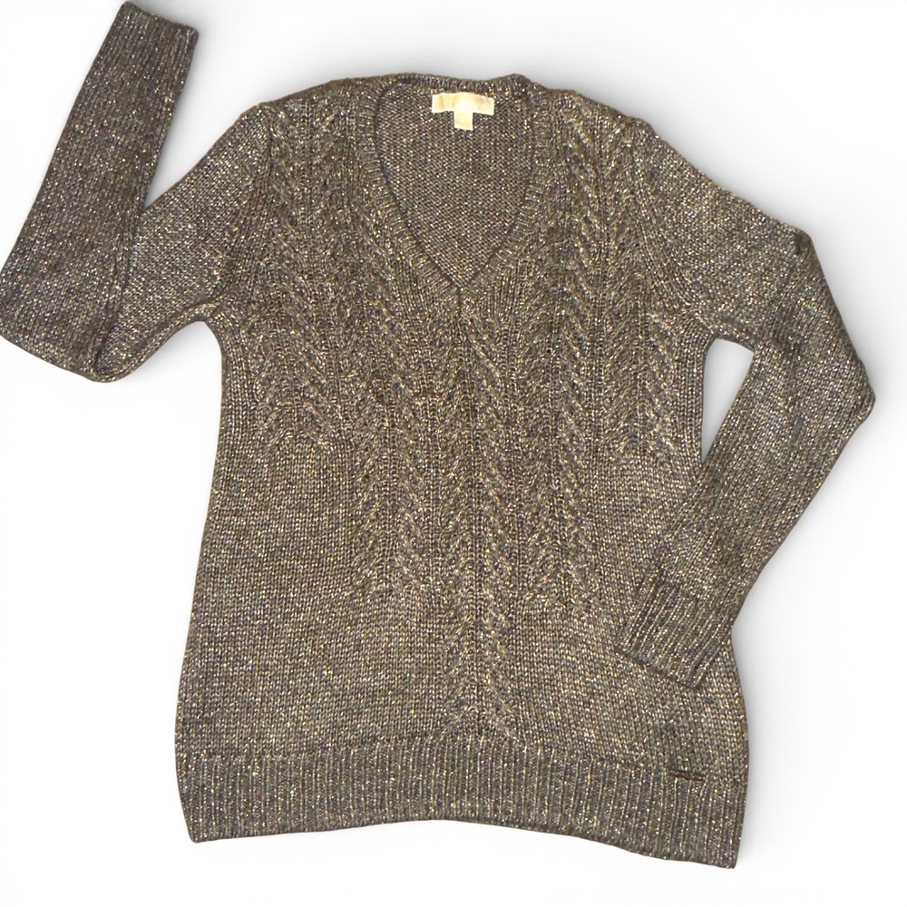Michael Kors Gray Metallic Cable Knit V Neck‎ Sweater Women's M Neutral Shimmer